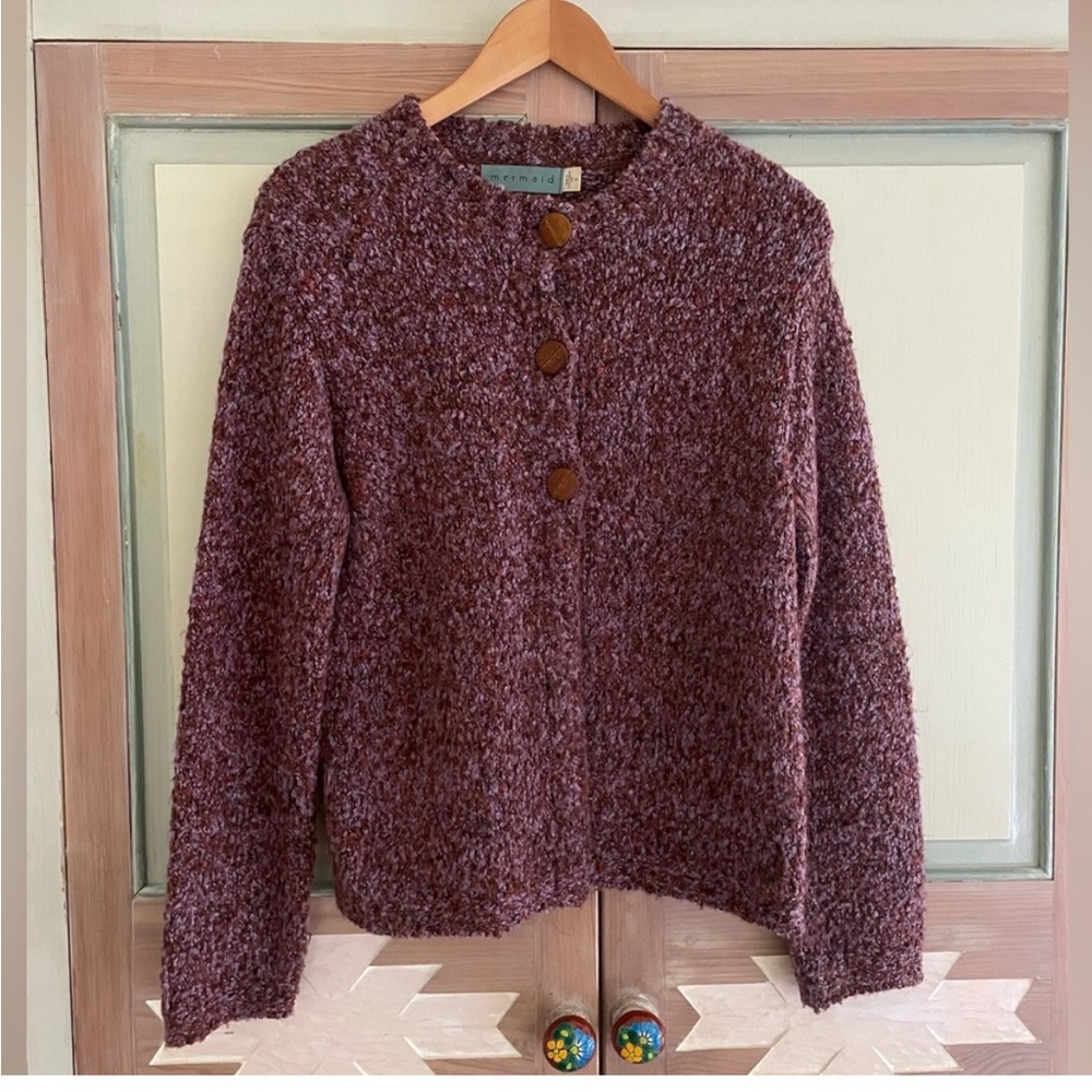 Mermaid | Nubby three button cardigan. Size Small. Purple. Made New England USA